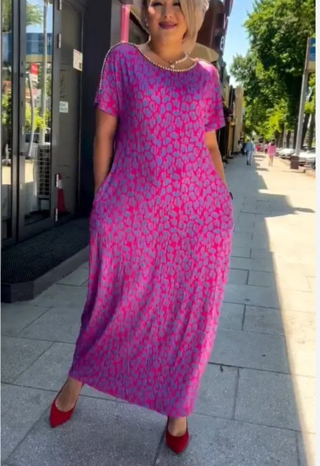 Leni™ Pink and Purple Floral Print Dress with Diamond Neckline