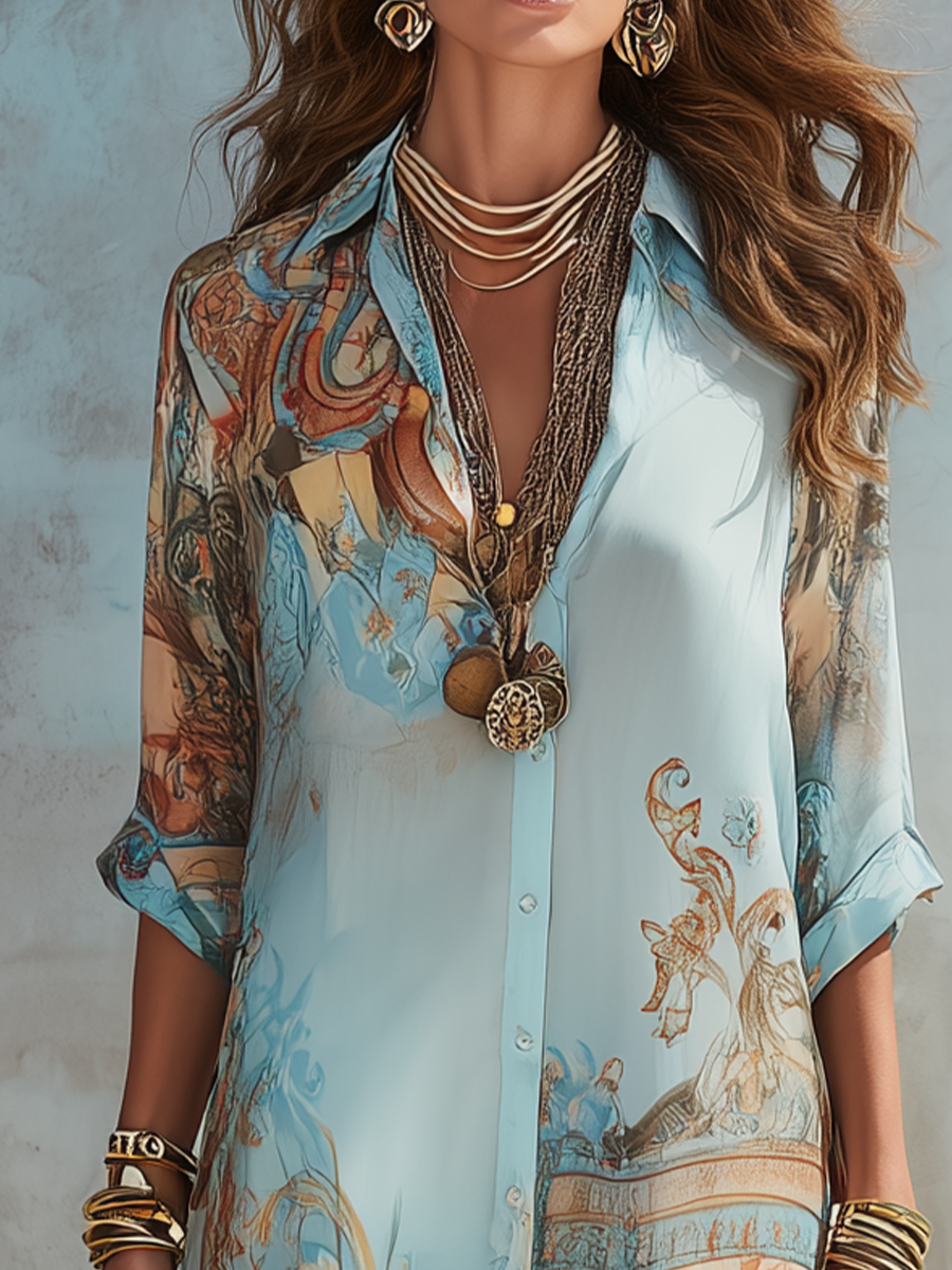 Bellune™ Baroque Style Blue Chiffon Maxi Dress with Flowers