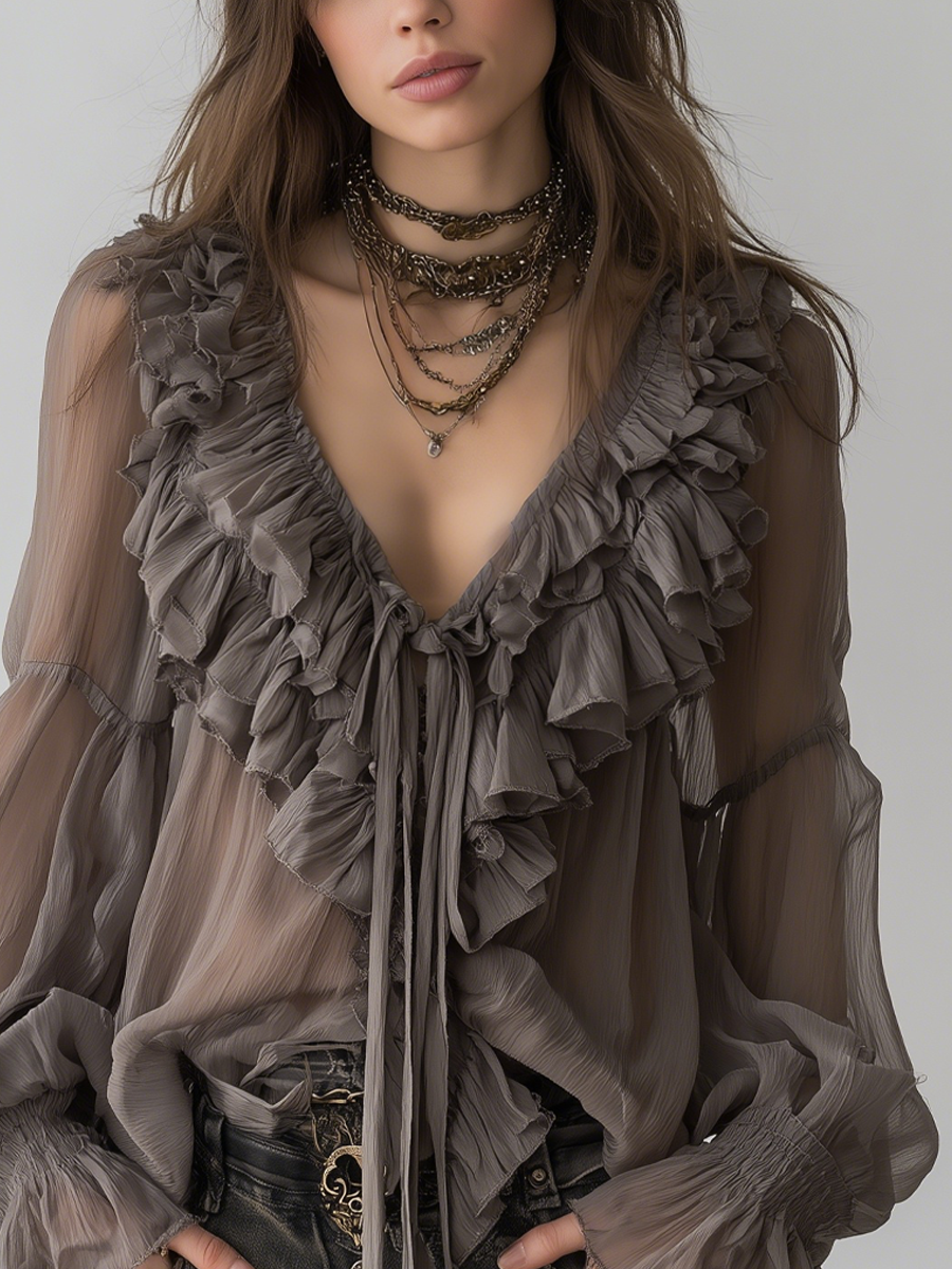 Hensira™ Gray Bohemian Blouse with Ruffles