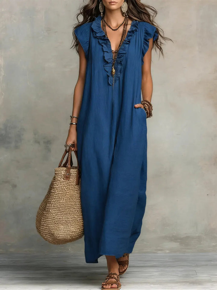 Hadira™ Casual Cotton and Linen Dress with Ruffles and Artistic Style