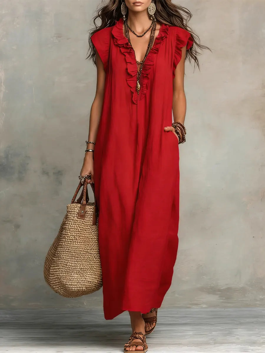 Hadira™ Casual Cotton and Linen Dress with Ruffles and Artistic Style