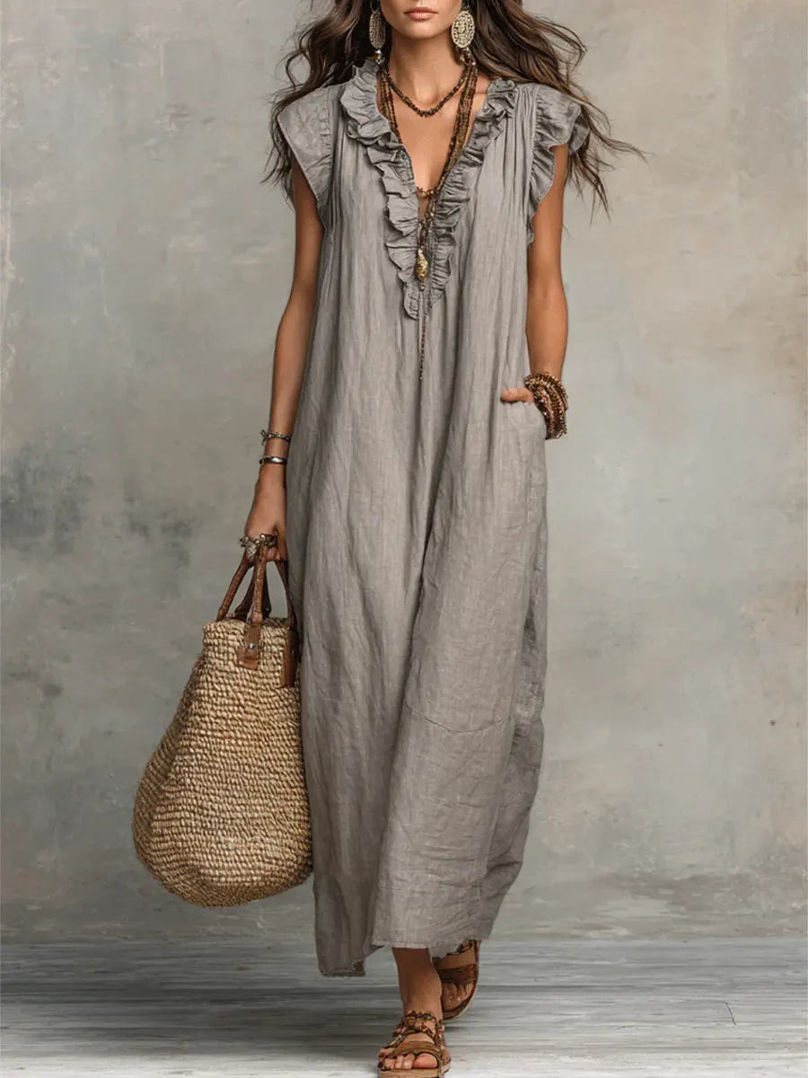 Hadira™ Casual Cotton and Linen Dress with Ruffles and Artistic Style