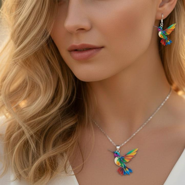 Vaila™ Rainbow Hummingbird Necklace + Matching Earrings as a Gift