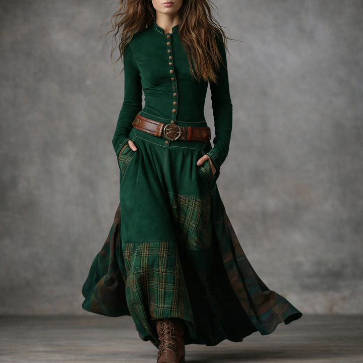 Elira™ Vintage Long Suede Checkered Dress (with Belt)