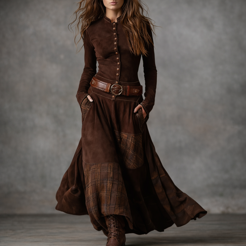 Elira™ Vintage Long Suede Checkered Dress (with Belt)