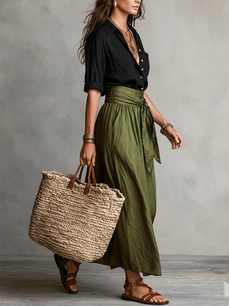 Yvette™ Two-Piece Set: Black Top and Olive Green Midi Skirt