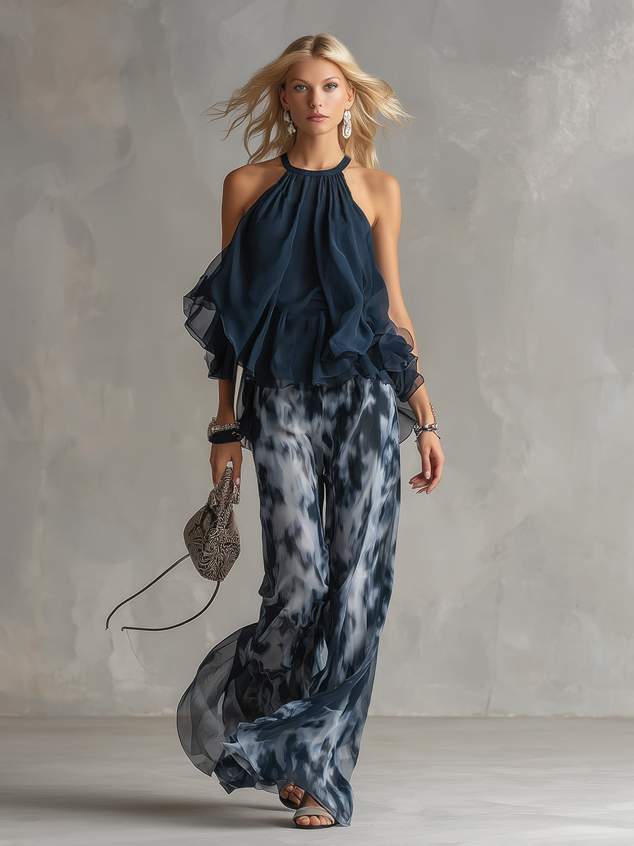 Isolde™ Elegant Chiffon Set with High Neck Top and Wide-Leg Printed Pants
