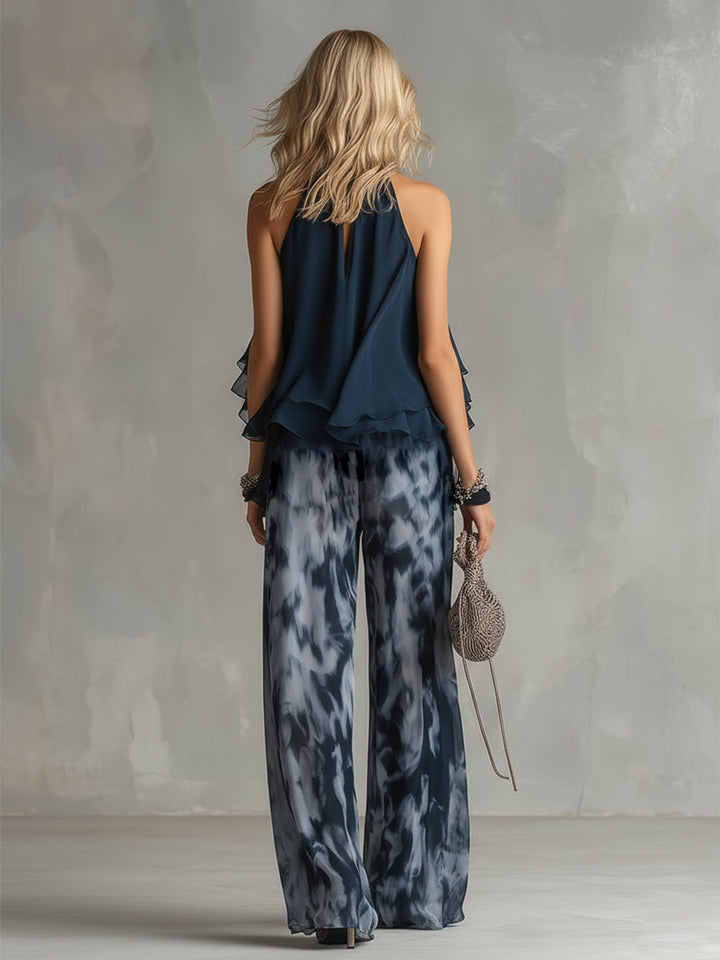Isolde™ Elegant Chiffon Set with High Neck Top and Wide-Leg Printed Pants