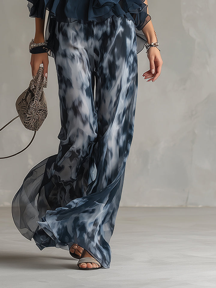 Isolde™ Elegant Chiffon Set with High Neck Top and Wide-Leg Printed Pants