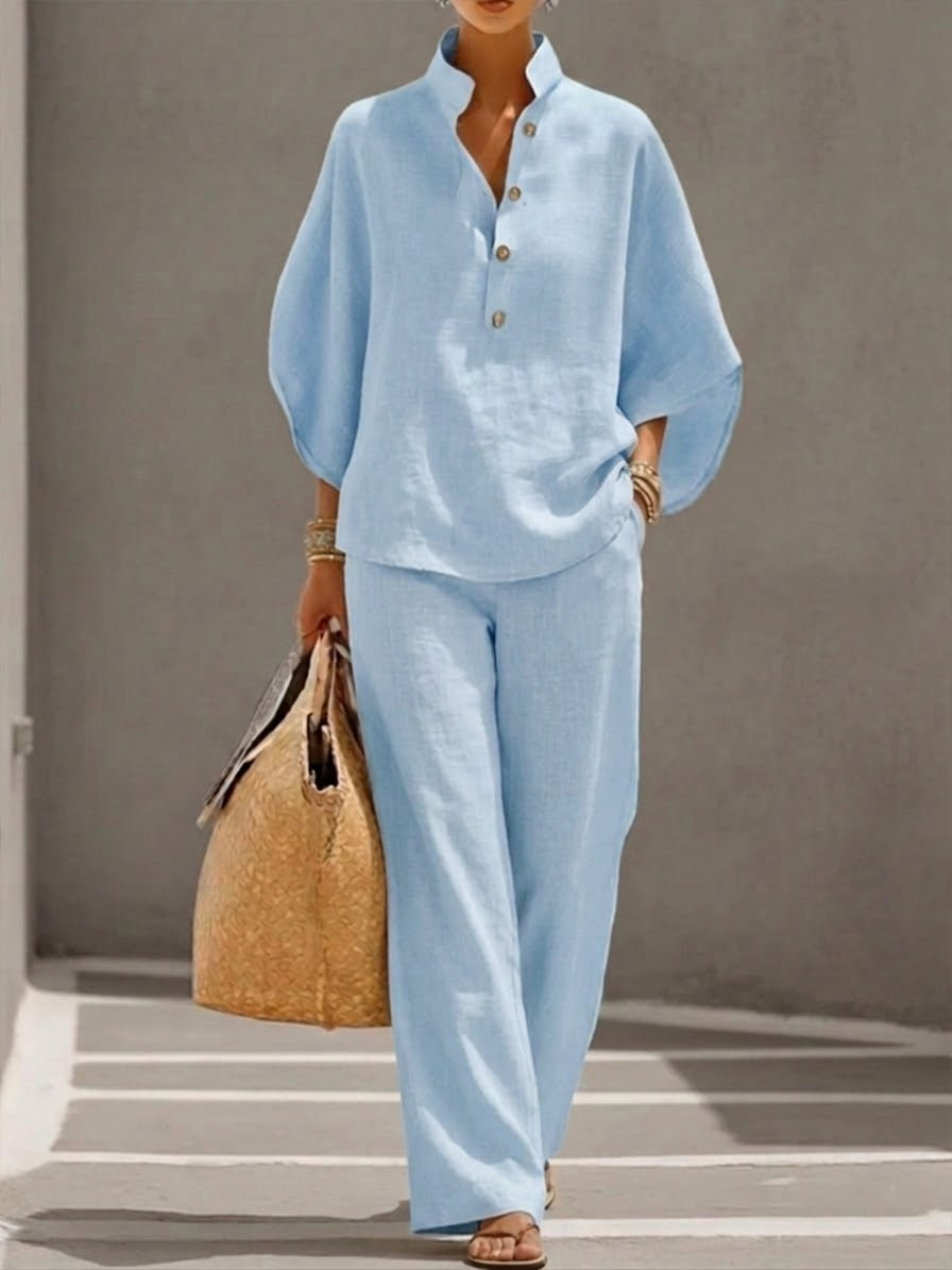 Kinsley™ Cotton and Linen Set with Batwing Sleeves and Wide Pants