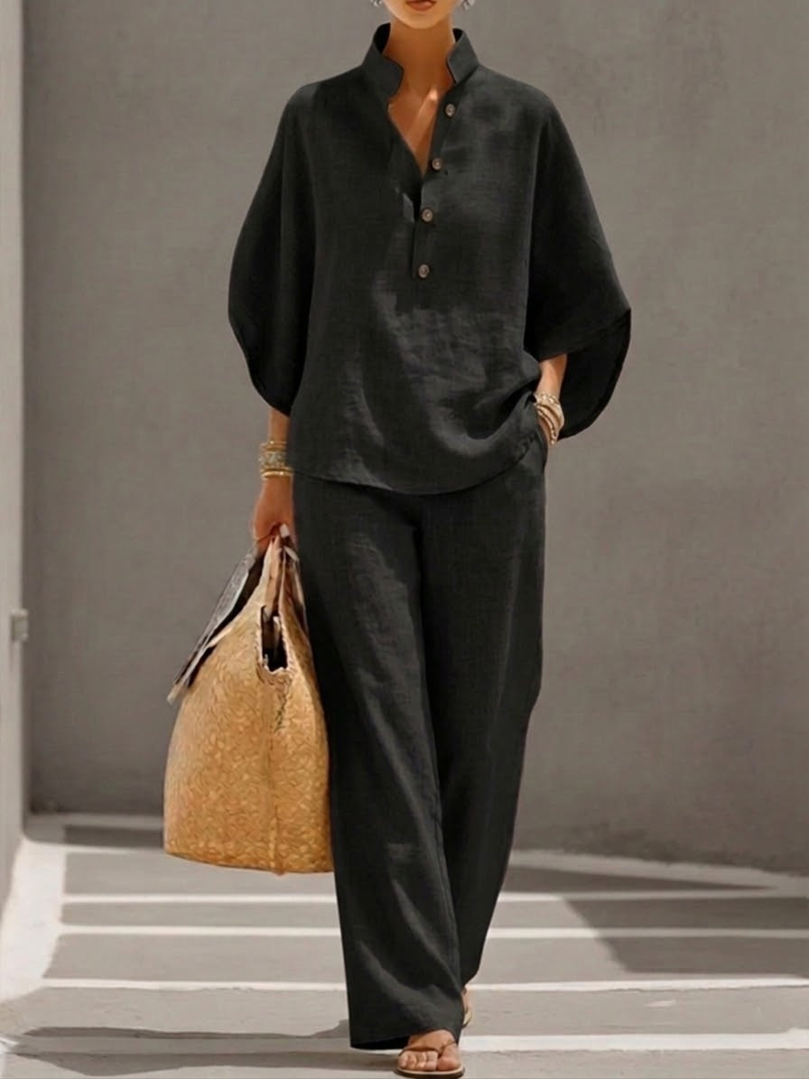 Kinsley™ Cotton and Linen Set with Batwing Sleeves and Wide Pants