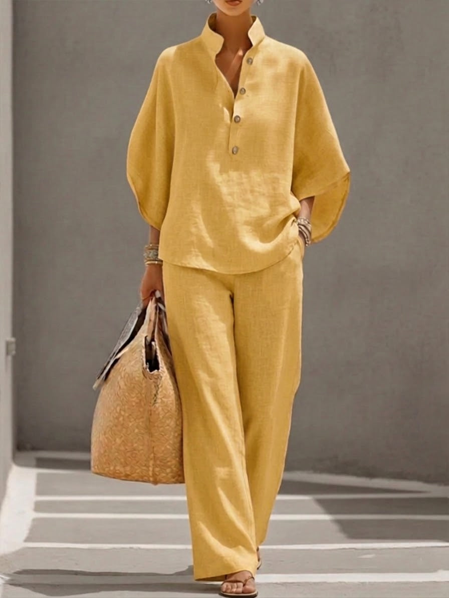 Kinsley™ Cotton and Linen Set with Batwing Sleeves and Wide Pants